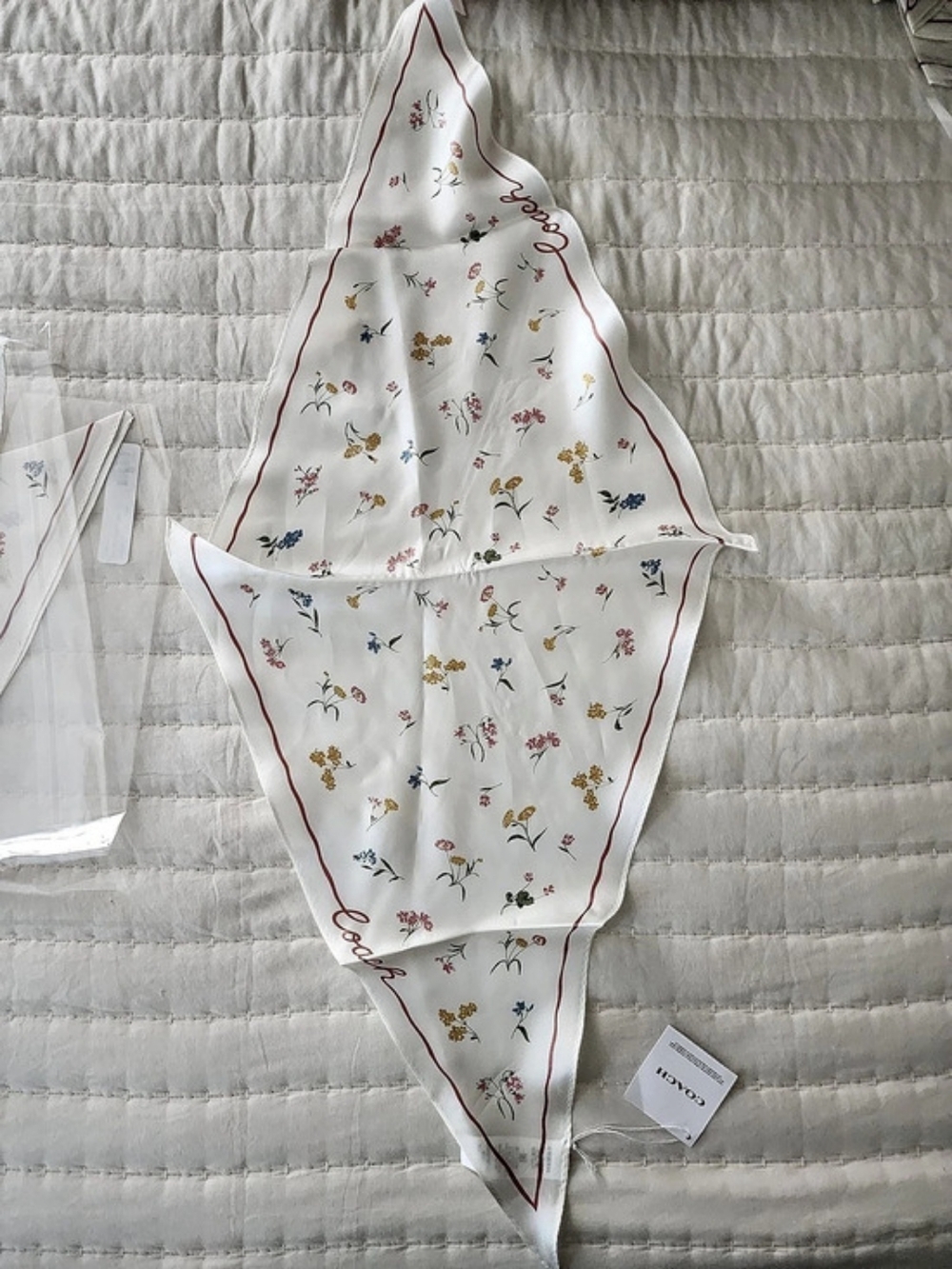 Coach Tossed Floral Print Silk Diamond Scarf White & Pink